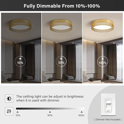 Gold Flush Mount Ceiling Light, Modern Dimmable LED Light Fixture, Minimalist Metal Ceiling Lamp for Bedroom Kitchen Laundry Room Hallway Entry 2700 K - 6000 K 5CCT 11.8 Inch