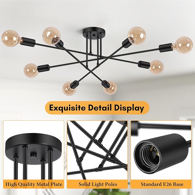 Modern Sputnik Chandelier 8-Light Industrial Ceiling Lights Fixture 32" Black Semi Flush Mount Ceiling Light with E26 Base Sputnik Lights Fixture for Dining Room Bedroom Foyer Hallway Living Room