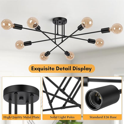Modern Sputnik Chandelier 8-Light Industrial Ceiling Lights Fixture 32" Black Semi Flush Mount Ceiling Light with E26 Base Sputnik Lights Fixture for Dining Room Bedroom Foyer Hallway Living Room