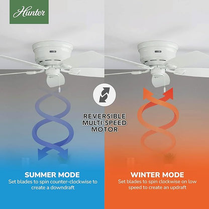 Hunter 48 inch Outdoor or Indoor Ceiling Fan No Light - Low Profile Flush Mount, White Ceiling Fan without Light, For Patio, Porch, Garage, or Living Room, 5 Blades, Pull Chain - Sea Wind 53119, White