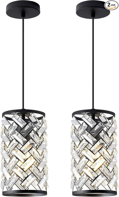 2 Pack Black Crystal Pendant Lights Kitchen Island, Modern Mini Chandelier, Adjustable Hanging Ceiling Light Fixture for Kitchen Dining Room Bedroom Foyer Bar, L6.1 x H11.8