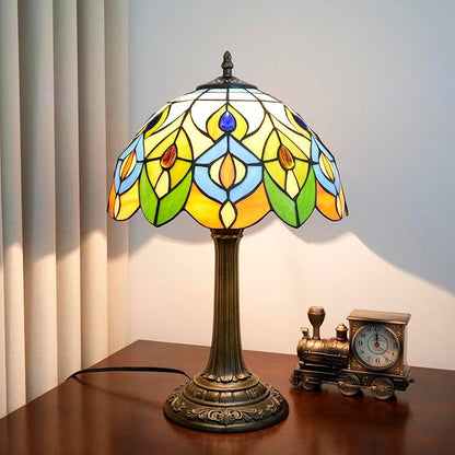 Tiffany Style Table Lamp With Retro Peacock Stained Glass Lamp 12 Inch Bronze Base Bedside Lamp Bedroom Living Rooms, Offices, Hotel Classics Luxury Style Decorative Ambient Light Bedside Lamp