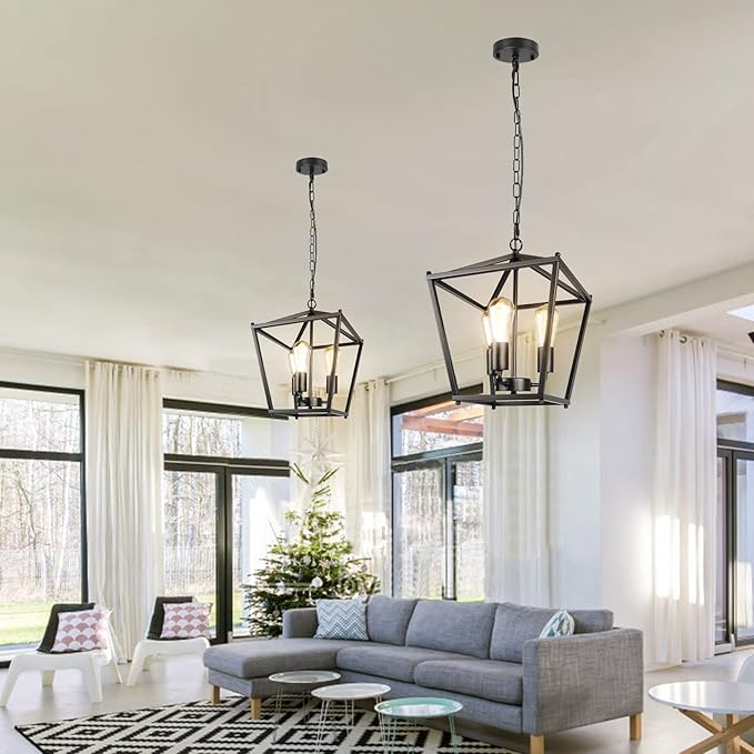 Unicozin Black Lantern Pendant Light, 3 Lights Farmhouse Chandelier Fixture with Metal Cage, Adjustable Height Industrial Hanging Lights E26 Base for Kitchen Island, Bedroom, Entryway, Foyer