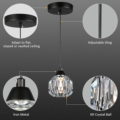 Weesalife Crystal Chandeliers for Dining Room Lights Fixture Over Table, 3 Pack Black Modern Pendant Light Fixture，Crystal Pendant Lighting for Kitchen Island Bathroom Bar