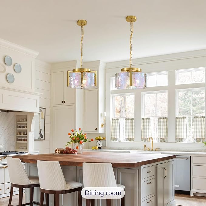 Gold Glass Chandelier for Dining Room,3 Light Pendant Lighting Modern Kitchen Chandeliers Over Table Drum Light Fixture Ceiling Hanging Round Chandelier for Bedroom Living room Entryway Foyer Bathroom