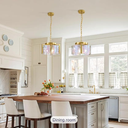 Gold Glass Chandelier for Dining Room,3 Light Pendant Lighting Modern Kitchen Chandeliers Over Table Drum Light Fixture Ceiling Hanging Round Chandelier for Bedroom Living room Entryway Foyer Bathroom