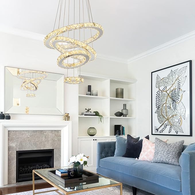 Modern Crystal Chandelier, Dimmable 4 Rings LED Linear Chandelier Dining Room Light Fixture with Remote for Entryway, Bedroom,Living Room and Foyer