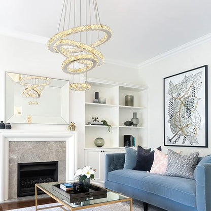 Modern Crystal Chandelier, Dimmable 4 Rings LED Linear Chandelier Dining Room Light Fixture with Remote for Entryway, Bedroom,Living Room and Foyer