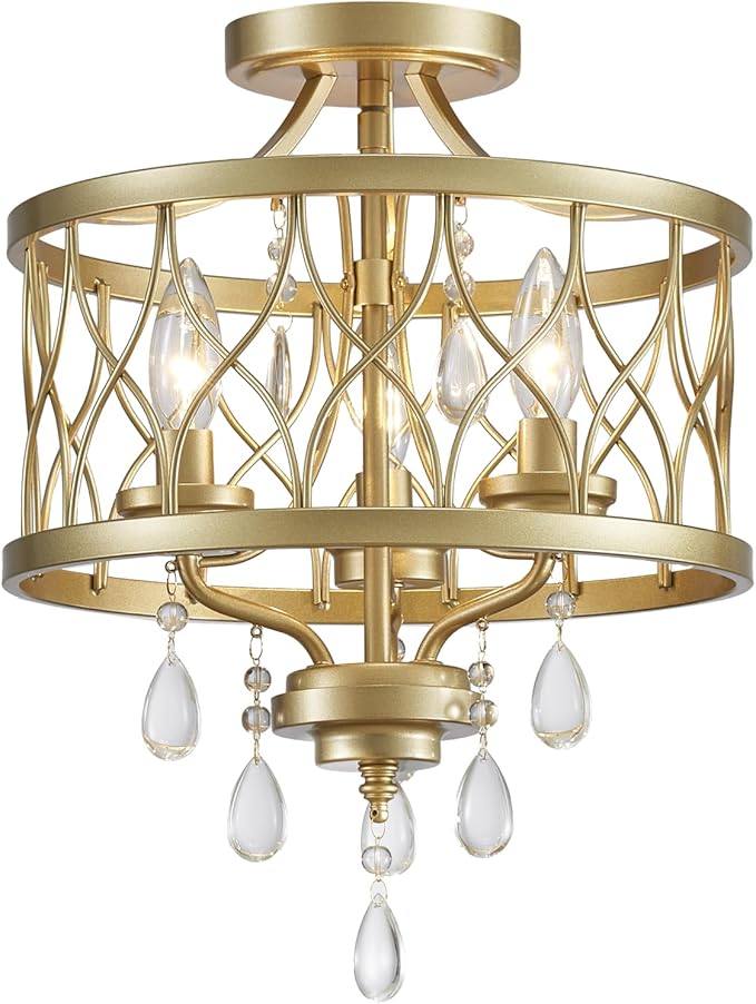 Farmhouse Crystal Ceiling Light Fixture, 3-Light Semi Flush Mount Crystal Chandelier Light Fixture Rustic Vintage Gold Pendant Ceiling Lamp for Hallway Corridor Kitchen Entryway Bedroom Living Room