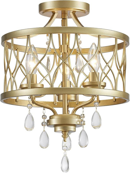 Farmhouse Crystal Ceiling Light Fixture, 3-Light Semi Flush Mount Crystal Chandelier Light Fixture Rustic Vintage Gold Pendant Ceiling Lamp for Hallway Corridor Kitchen Entryway Bedroom Living Room