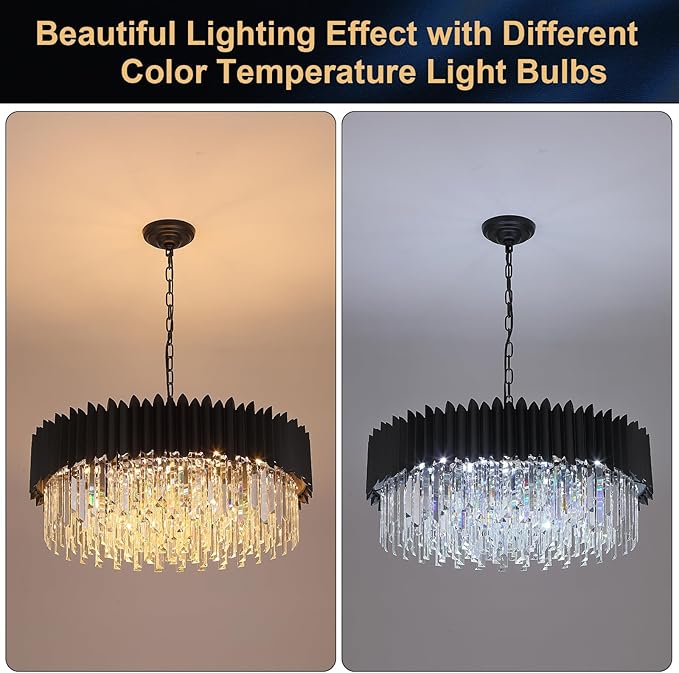 Large Crystal Chandelier Modern Black Chandelier for High Ceiling 12 Lights Large Staircase Lighr Round Pendant Light Fixture Hanging Ceiling Light for Dining Room Living Room Entryway Foyer