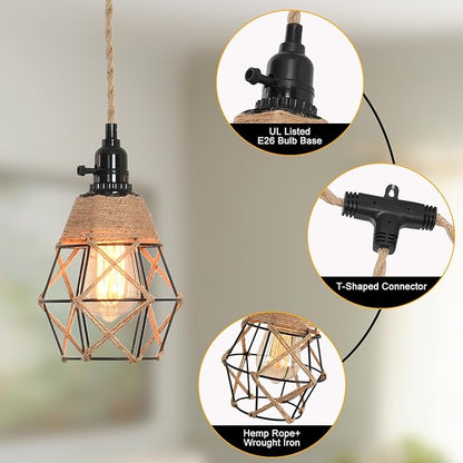 3 Light Hemp Rope Plug in Pendant Light Rattan Hanging Lights with Plug in Cord with Woven Lamp Shade, Hanging Lights with Plug in Cord Hemp Rope Hanging Lamp