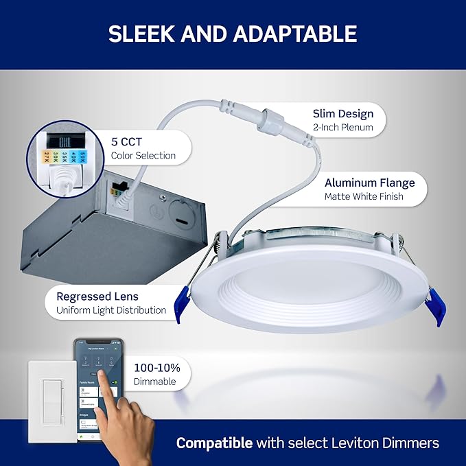 Leviton 4 in. Round Baffle Slim Downlight, 820 Lumens, 5 CCT Color Selectable 2700K-5000K, Dimmable, DBR40-S1W, White