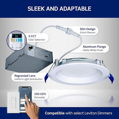 Leviton 4 in. Round Baffle Slim Downlight, 820 Lumens, 5 CCT Color Selectable 2700K-5000K, Dimmable, DBR40-S1W, White