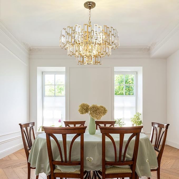 Crystal Chandelier Plated Gold Modern Round Chandeliers for Dining Room Bedroom Kitchen Entryway Chandelier Contemporary Pendant Ceiling Light Fixture Hanging W24.4 10-Light 3-Tier