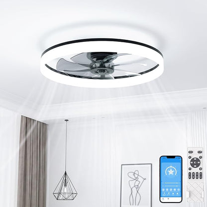 VOLISUN Low Profile Ceiling Fans with Lights and Remote, 24in Fandelier Ceiling Fan with Light, 3000K-6500K Dimmable Bladeless LED Fan Light, Black Flush Mount Ceiling Fans with Lights for Bedroom