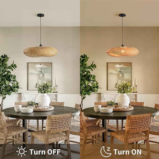19.7in Farmhouse Bamboo Pendant Light Rattan Woven Chandelier for Dining Room Boho Lights Fixture Kitchen Island Wicker Hanging Lighting for Restaurants Breakfast Nook Foyer Entryway Porch
