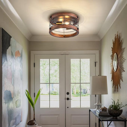 Farmhouse Flush Mount Ceiling Light, 12.6 Inch 2-Light Metal and Wood Close to Ceiling Light Fixture, Rustic Drum Semi Ceiling Light for Kitchen, Dining Room, Living Room, Hallway, Entryway