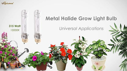 MH 315W Metal Halide Grow Light Bulb Lamp Full Spectrum CCT 10000K,High Efficiency Enhanced Blue Spectrum CDM for Flowering,Compatible with CMH 315 Grow Bulb Fixture PGZX 18 Socket,2Pack