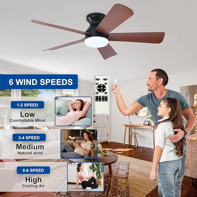42-Inch Ceiling Fans with Lights: Walnut Low Profile Ceiling Fan with Light and Remote Control - Reversible Flush Mount Fans - 3CCT Dimmable Small Ceiling Fan for Bedroom Indoor/Outdoor Use