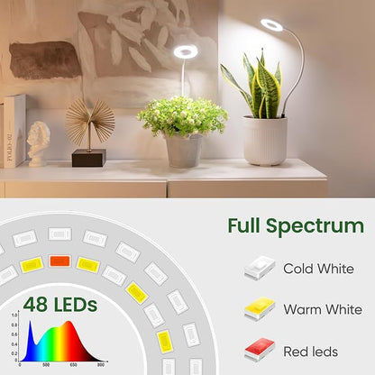 LORDEM Grow Lights for Indoor Plants, 2 in 1 Full Spectrum Plant Light with 360° Gooseneck, 48 LEDs, Auto Timer 6/8/12/16H, 3 Lighting Modes,5 Brightness Levels for Small Plants, 3 Pack White