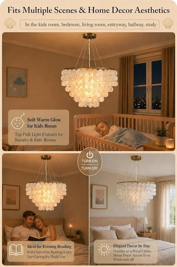 5 Tier Shell Capiz Chandelier, H16'' x D24'' Natural Shell Hanging Ceiling Light Fixtures Seashell Coastal Chandeliers for Living Room(More Additional Shell Parts Included) Gold