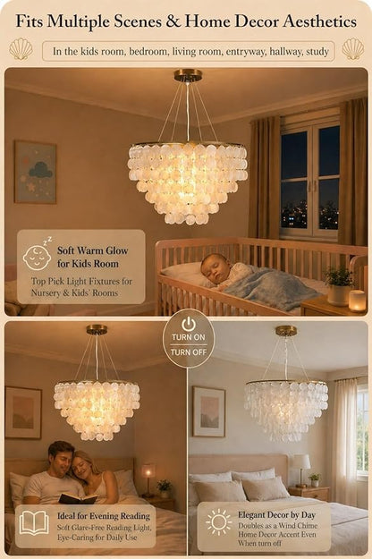 5 Tier Shell Capiz Chandelier, H16'' x D24'' Natural Shell Hanging Ceiling Light Fixtures Seashell Coastal Chandeliers for Living Room(More Additional Shell Parts Included) Gold