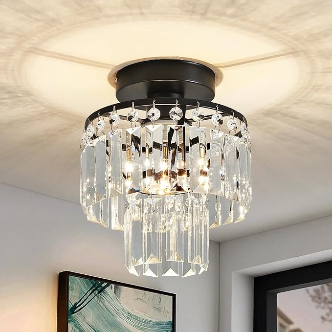 Mini Crystal Chandelier,Black Crystal Chandeliers,2-Tier Semi Flush Mount Chandelier Pendant Lighting Fixture for Living Room Dining Room Corridors Bedroom Hallway E26 Base