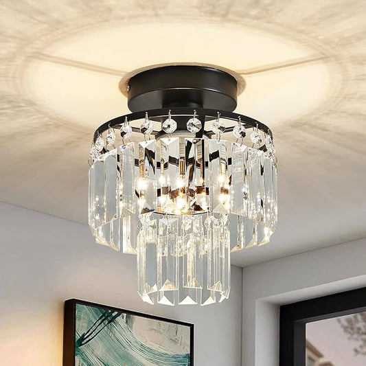 Mini Crystal Chandelier,Black Crystal Chandeliers,2-Tier Semi Flush Mount Chandelier Pendant Lighting Fixture for Living Room Dining Room Corridors Bedroom Hallway E26 Base