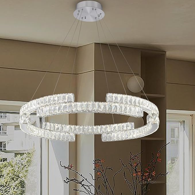 D24'' Modern Silver Crystal Ring Chandelier for Living Room Dinning Room Crystal Pendant Light Dimmable 3000k-6000k