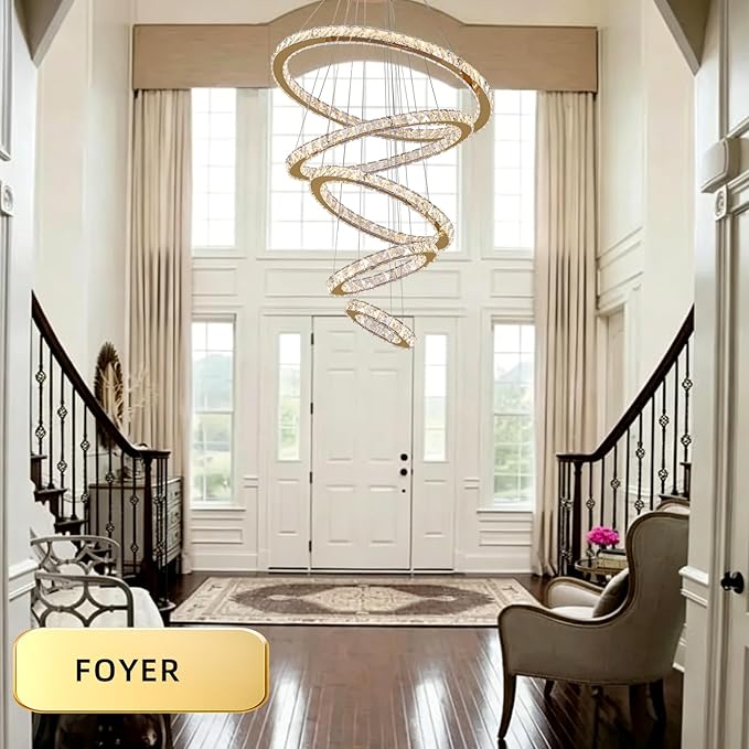 Modern Crystal Chandelier Dimmable 5 Rings LED Gold Chandelier Linear Chandelier Dining Room Light Fixture with Remote for Entryway, Bedroom,Living Room and Foyer