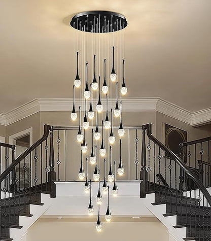 Raindrop Crystal Chandelier High Ceiling: 30 Lights Black Dimmable LED With Remote Control - Large Long Modern Bubble Hanging Teardrop Spiral Chandeliers for Living Room Staircase Entryway Foyer