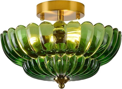 Semi Flush Mount Ceiling Light, Green Glass Ceiling Light Fixture, 3-Bulb Gold Close to Ceiling Light, Vintage Glass Ceiling Lights for Bedroom Kitchen Living Room, Support inline roof installation