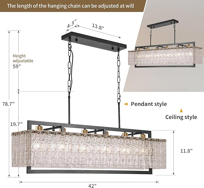Modern Black Crystal Chandelier for Dining Room, 42" Hanging Light Fixture,Water Ripple Glass Design, Adjustable Height, Rectangle Chandelier for Living Room Kitchen Island