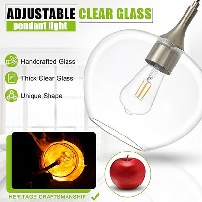 Glass Pendant Lights Kitchen Island, 9.45'' Brushed Nickel Pendant Lighting Fixtures, Modern Hanging Ceiling Light with Clear Glass Shade for Farmhouse Dining Room Bedroom Hallway(1 Pack)