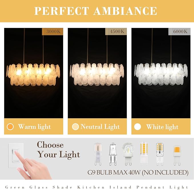 Gold Crystal Chandelier Rectangular Pendant Lighting 8-Light Crystal Chandeliers for Kitchen Island Cloud Glass 2-Tier Light Fixture for Dining Room, Living Room, Kitchen