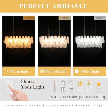 Gold Crystal Chandelier Rectangular Pendant Lighting 8-Light Crystal Chandeliers for Kitchen Island Cloud Glass 2-Tier Light Fixture for Dining Room, Living Room, Kitchen
