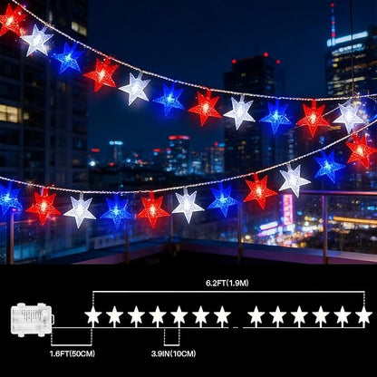 LAMPHOME Red White Blue Star LED String Lights, 20 LED Star Fairy Lights with Clear Wire, 3AA Waterproof 8 Modes, Decorative Lights for 4th of July Patriotic Christmas Easter Tree Party