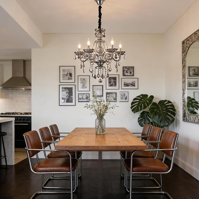 6-Light Modern Crystal Chandelier Lighting Smoky Gray Luxury Ceiling Light Fixture Hanging Crystal Chandelier for Dining Room Living Room Bedroom