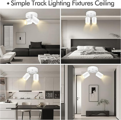 2 Light Track Lighting Fixtures Ceiling, Matte White Round Directional Ceiling Spotlight, GU10 Flush Mount Track Fixture, Flexibly Rotatable Light Head for Kitchen/Living Room, Bulb Not Included