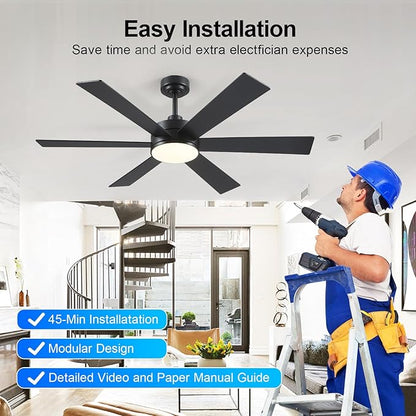 BayDay Farmhouse Rustic Ceiling Fans with Lights and Remote, Bedroom Living Room Kitchen Fans Ceiling with Light Chandier (Black, 52 inch)