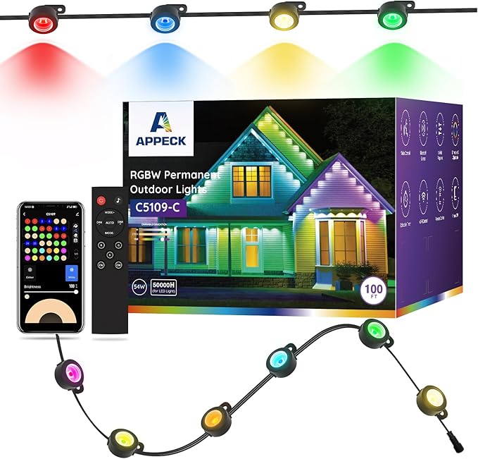 APPECK Permanent Outdoor Lights 100ft with 72 LEDs, DIY Scene Modes, Smart RGBW String Lights Waterproof, App/Remote Control for Easter, Holiday, Alexa/Google Assistant Compatible, Black