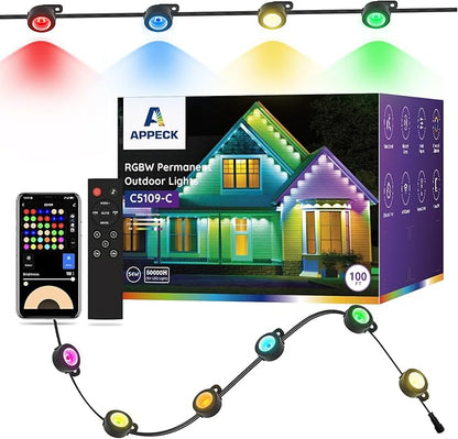 APPECK Permanent Outdoor Lights 100ft with 72 LEDs, DIY Scene Modes, Smart RGBW String Lights Waterproof, App/Remote Control for Easter, Holiday, Alexa/Google Assistant Compatible, Black