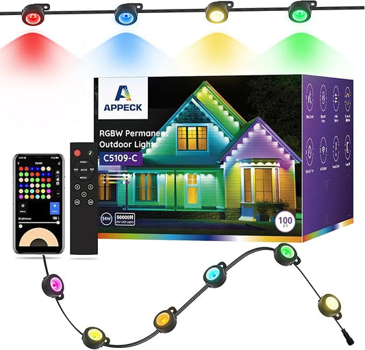 APPECK Permanent Outdoor Lights 100ft with 72 LEDs, DIY Scene Modes, Smart RGBW String Lights Waterproof, App/Remote Control for Easter, Holiday, Alexa/Google Assistant Compatible, Black