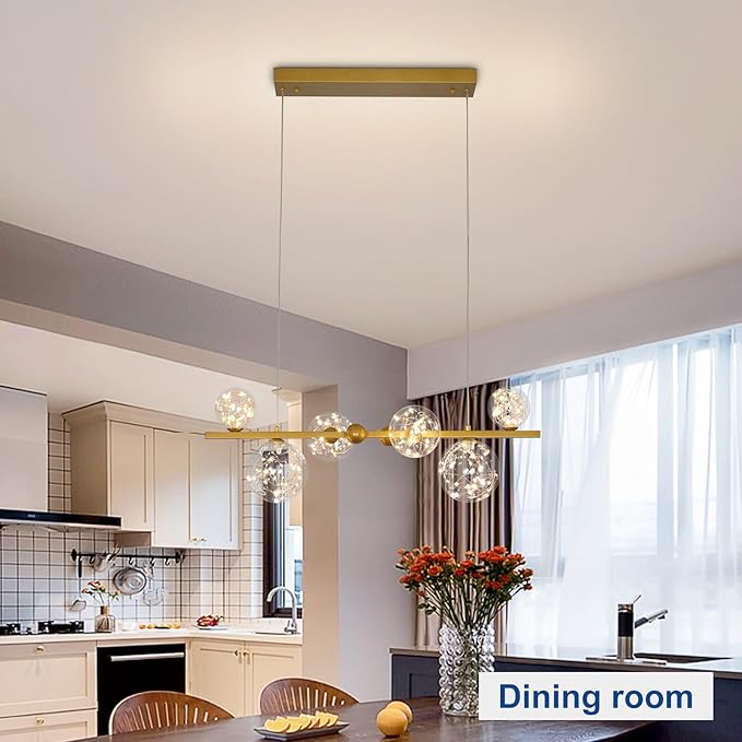 Depuley Linear Chandeliers for Dining Room: 23.62In Sputnik Chandeliers 6-Light Glass Globe Chandelier - Modern Gold Bubble Large Pendant Lights for Kitchen Island Lighting
