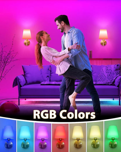 Adetu Battery Operated Wall Sconces Set of Two, Gold Rechargeable Wall Lights with 10000mAh RGB Rechargeable Magnetic Bulb, Battery Wall Sconce with Remote Control for Bedroom Decor