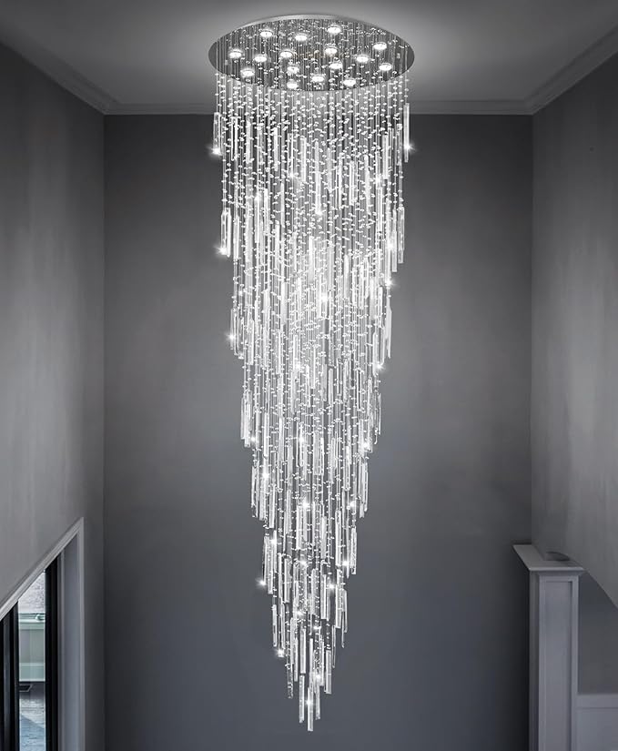 D40'' x H120'' Crystal Chandelier High Ceiling Chandeliers for Entryway Large Raindrop Chandeliers LED Dimmable Flush Mount Light Fixtures for Staircaes Foyer Hallway Living Room Bulbs Included Silver