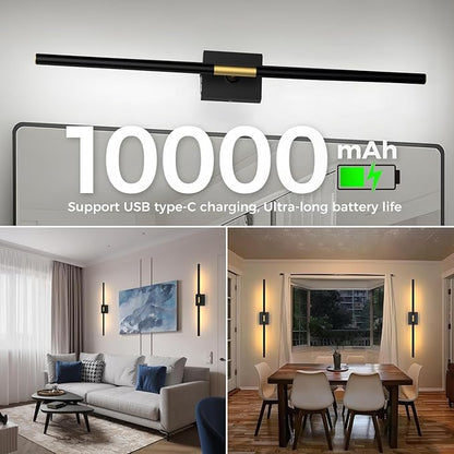 iThird Wall Sconce Battery Operated Wall Light: 10000mAh Wireless Wall Sconces with Remote Control, 360° Rotate Rechargeable Wall Scone for Bedroom Living Room Bathroom Hallway, 31.5 Inch, Black