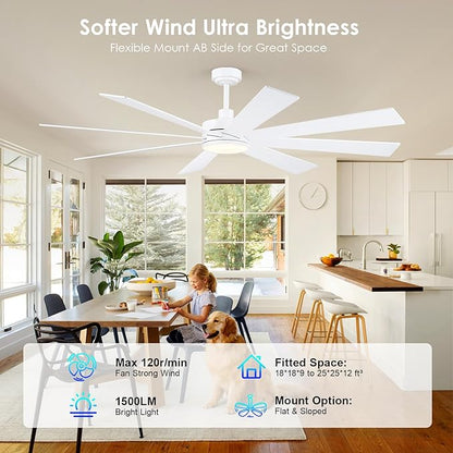 BayDay Farmhouse Rustic Ceiling Fans with Lights and Remote, Bedroom Living Room Kitchen Fans Ceiling with Light Chandier (White, 72 inch)