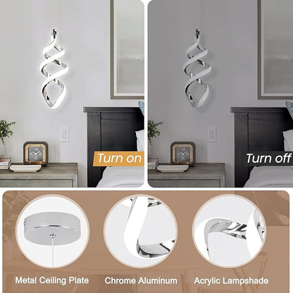 Modern Led Pendant Light Fixture, 15W Chrome Spiral Led Chandelier Hanging Lamp, 4500K Daylight White Pendant Lamp, Adjustable Height Pendant Light for Kitchen Dining Room Bedroom Kitchen Island Cafe